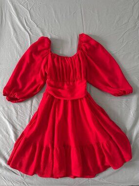 Red Mini Dress Puff Sleeve Smocked Waist Tie Back Flowy Small